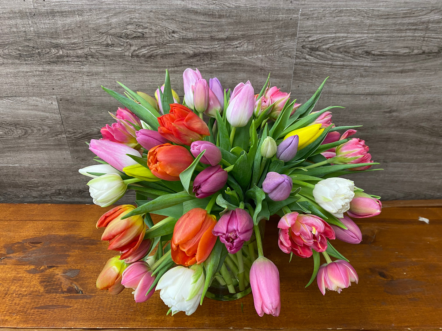 Rainbow tulip arrangement